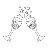 Zwei klirrende Gläser mit Champagner im Doodle-Stil. prost, feiertagstoast, geburtstag, party, jubiläumskonzept. Schwarz-Weiß-Vektor-Illustration für Malbuch. vektor