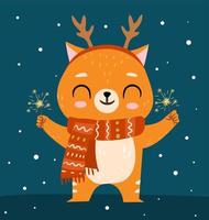 söt ingefära katt i jul scarf innehav tomtebloss. tecknad serie vinter- vektor karaktär med sparklers för Lycklig ny år hälsning kort, affisch design