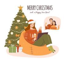 weihnachten und neujahr feiern per videoanruf auf dem laptop. glückliches Mädchen in einem Pullover grüßt ihre Freunde. flache vektorillustration vektor