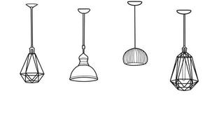 Deckenlampen oder Hängelampen umreißen schwarz und weiß für den industriellen Loft-Stil, moderne und Vintage-Möbel im Inneren des Restaurants, Wohnzimmer. flache vektorillustration der karikaturskizze vektor