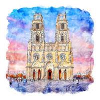 orleans katedral Frankrike vattenfärg skiss hand dragen illustration vektor