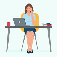 trött ledsen upptagen kvinna i de kontor. flicka arbete på de bärbar dator känsla dålig. huvudvärk, migrän, påfrestning concept.vector illustration vektor