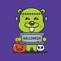 söt zombie bäver innehav halloween hälsning sten. söt halloween tecknad serie illustration. vektor