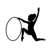 silhuetter av flicka, flicka gymnast idrottare med hula ring isolerat på vit bakgrund vektor