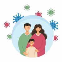 Lycklig familj i sfär. skydd mot virus och bakterie. kollektiv immunitet. far, mor och son. vektor