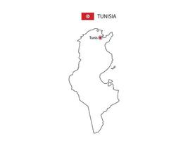 hand dra tunn svart linje vektor av tunisien Karta med huvudstad stad tunis på vit bakgrund.