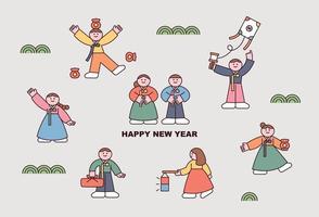 söt barn i koreanska traditionell kläder. en affisch med traditionell spel och tecken innehav gåvor. vektor