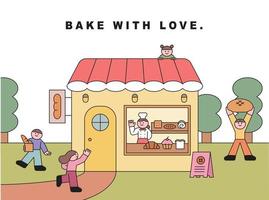 süße Bäckerei im Wald. Ein süßer Bäcker verkauft Brot und die Leute kommen, um es zu kaufen. vektor