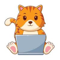 söt katt arbetssätt på bärbar dator tecknad serie. djur- ikon begrepp. platt tecknad serie stil. lämplig för webb landning sida, baner, flygblad, klistermärke, kort vektor