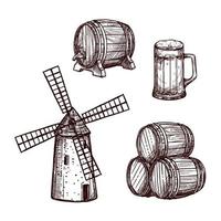 Skizzenset aus Bierfass, Glas und Windmühle vektor