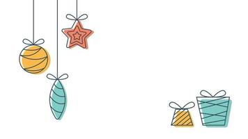 weihnachtsdekoration und geschenke im line-art-stil mit farbfleck. neujahrs- und weihnachtsfahnendesign mit kopienraum. Stock-Vektor-Illustration. vektor