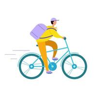 Lebensmittelbote auf einem Fahrrad isoliert auf weißem Hintergrund. Stock-Vektor-Illustration im flachen Stil. vektor