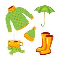 Herbstbekleidungsstücke isoliert auf weißem Hintergrund. Pullover, Regenschirm, Gummistiefel und eine Tasse heißes Getränk in einem Schal. Stock-Vektor-Illustration. vektor