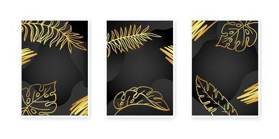 tropisk gyllene löv hand teckning på svart bakgrund uppsättning av abstrakt mallar med kopia Plats. design för vykort, inbjudan, affisch. vektor stock illustration.
