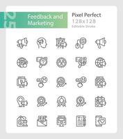 feedback und marketing pixel perfekte lineare symbole gesetzt. Werbeoptimierung. Kundenbindung. anpassbare dünne Liniensymbole. isolierte vektorumrissillustrationen. editierbarer Strich vektor