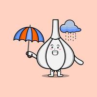 süßer Cartoon-Knoblauch im Regen und mit einem Regenschirm vektor