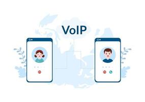 voIP eller röst över internet protokoll med telefoni schema teknologi och nätverk telefon ring upp programvara i mall hand dragen tecknad serie platt illustration vektor