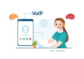 voip oder voice-over-internet-protokoll mit telefonsystemtechnologie und netzwerkanrufsoftware in der handgezeichneten cartoon-flachen illustration der vorlage vektor