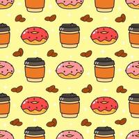 Musterkaffee und rosa Donut. Vektor handgezeichnete Doodle-Stil Cartoon-Figur Illustration Icon-Design. Musterkaffee und rosa Donut-Freunde-Konzept