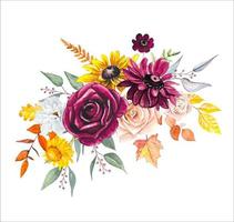 vacker höstbukett med handmålade, vinröda, gula blommor, löv. vektor
