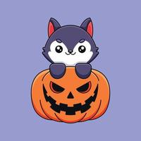 niedliche kürbis wolf halloween karikatur maskottchen gekritzel kunst hand gezeichnet konzept vektor kawaii symbol illustration