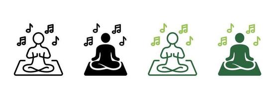 Yoga-Konzentration mit Musiksilhouette und Liniensymbol. Harmonie-Mann entspannt sich in Lotus-Pose und meditiert Piktogramm. Symbol für Meditation und Musikhören. editierbarer Strich. Vektor-Illustration. vektor