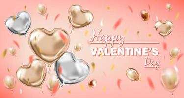 Rosa und silberne Folienballons in Herzform und Happy Valentines Day Schriftzug vektor