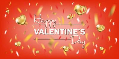 röd och guld folie hjärta form ballonger och Lycklig valentines dag text med konfetti vektor
