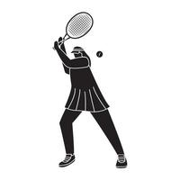 frau, die tennis spielt und ball mit schläger schlägt. junges mädchen spielt ein sportspiel in der silhouette, die auf weißem hintergrund lokalisiert wird. vektorillustration. vektor