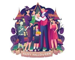 glückliche familie, die kostüme trägt, die halloween-nacht zusammen feiern. eltern und kinder in kostümen von vampir, hexe, zombie und pirat. vektorillustration im flachen stil vektor