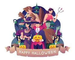 människor i kostymer som vampyr, häxa, skelett, varulvar och zombie fira halloween. vektor illustration i platt stil