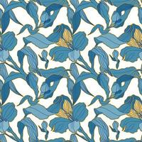 Hellblaues, nahtloses Muster mit hochdetaillierten Alstroemeria-Knospen und Blüten vektor