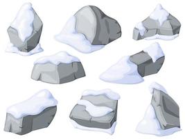 graue Steine oder Felsen im Schneesatz. zerbrochene Cartoon-Felsen und Schneeverwehungen. Cartoon-Klippen und Schneeverwehungen. Eiszeit. vektor