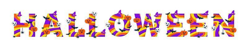 fröhliches halloween alphabet party schriftart typografie charakter cartoon gespenstisch horror mit bunter 3d schicht papierausschnitt typ design feier vektorillustration schädel kürbis fledermaus hexenhut spinnennetz vektor