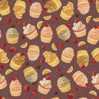 mönster skildrar muffins med orange, hallon, jordgubbe, körsbär, blåbär och björnbär på en brun bakgrund. vektor
