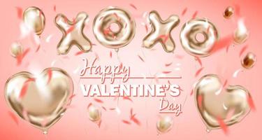 Lycklig valentine och rosa guld folie hjärta form ballong, gyllene puss och kram symbol vektor