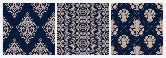 uppsättning färgglada damast blommor viktorianska sömlösa mönster. samling av lyxiga retro prydnad vektor platt illustration. färgad vintage kunglig barock abstrakt texturtapet på blå bakgrund