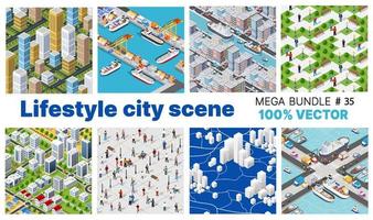 die city-lifestyle-szene setzte 3d-illustration zu urbanen themen mit häusern, autos, menschen, bäumen und parks. vektor