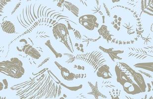 isolierte Schablonenabdrücke von Skeletten prähistorischer Tiere, Insekten und Pflanzen. nahtloses muster realistische handgezeichnete kunst. Vektor-Illustration vektor
