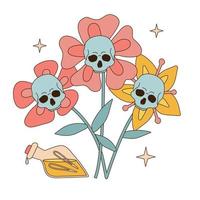 retro 60er oder 70er ästhetischer gruseliger schädel gänseblümchen blumen bündel mit trank glaskolben isoliert auf weiß. hippie groovy halloween boho floral prconcept int für t-shirt design. lineare Vektordarstellung. vektor