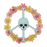 Halloween-Skelett-Friedenszeichen aus Hippie-Groovy-Knochenschädel und Gänseblümchen-Blumenkranz. Flower-Power-Braincase-Boho-Konzept. lineare ästhetische handgezeichnete vektorillustration. vektor