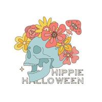 Hippie-Halloween-Karte mit Totenkopf mit Pilzen und Blumen isoliert auf weiß. Retro groovy 70er 60er Braincase Skelett toter Kopfdruck mit Text. lineare Boho-Vektorillustration. vektor