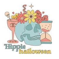 mänsklig skalle med blomma krans, magi bägare och timglas. los muertos begrepp i bohostyle. retro 70s halloween begrepp. hippie död- huvud. vektor linjär hand dragen illustration.