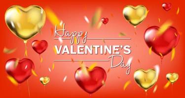 röd och gul guld folie hjärta form ballonger och Lycklig valentines dag text vektor