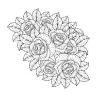 handgezeichneter blumenstrauß mit rosen und blättern zentangle malseite mit dekorativen einfachen skizzen vektor