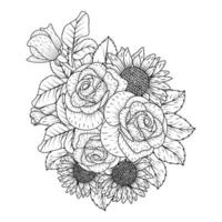 handgezeichneter blumenstrauß mit rosen und blättern zentangle malseite mit dekorativen einfachen skizzen vektor