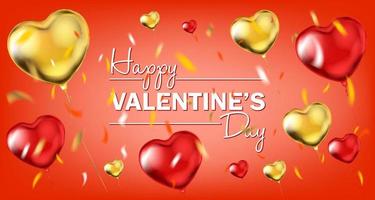 röd och guld folie hjärta form ballonger och Lycklig valentines dag text vektor