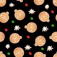 Nahtloses Muster mit Ingwerkeksen auf schwarzem Hintergrund. Lebkuchen-Schneeflocke, Neujahrsball vektor