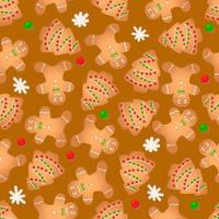 Nahtloses Muster mit Ingwerplätzchen auf braunem Hintergrund. Lebkuchenmann, Weihnachtsbaum, Schneeflocke vektor