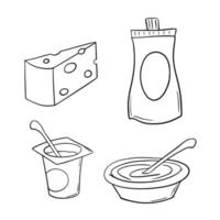 svartvit uppsättning av ikoner, mejeri Produkter, en bit av ost, sur grädde, yoghurt, vektor illustration i tecknad serie stil på en vit bakgrund